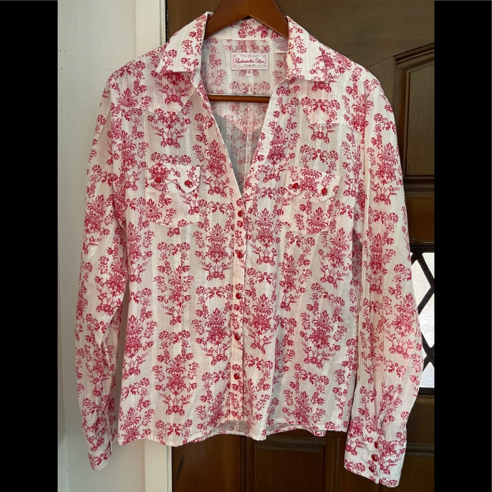 Panhandle Slim White Blouse with Red Floral Print